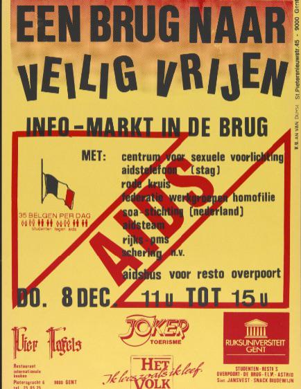 Studenten tegen AIDS organiseren tijdens de AIDS-week in december 1988 een infomarkt in De Brug. Verschillende sociale organisaties maar ook private sponsors steunen de actie. (Collectie Unviersiteitsbibitheek Gent)