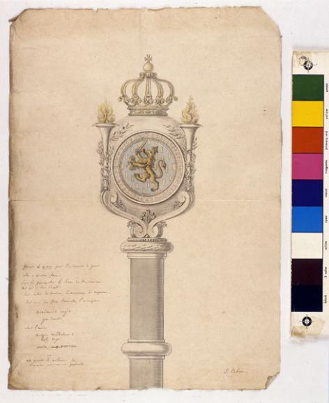 Ontwerptekening voor de fasces van de Gentse universiteit door Lieven de Bast uit 1816 (Collectie Universiteitsarchief Gent, © Nationaal Archief Den Haag).