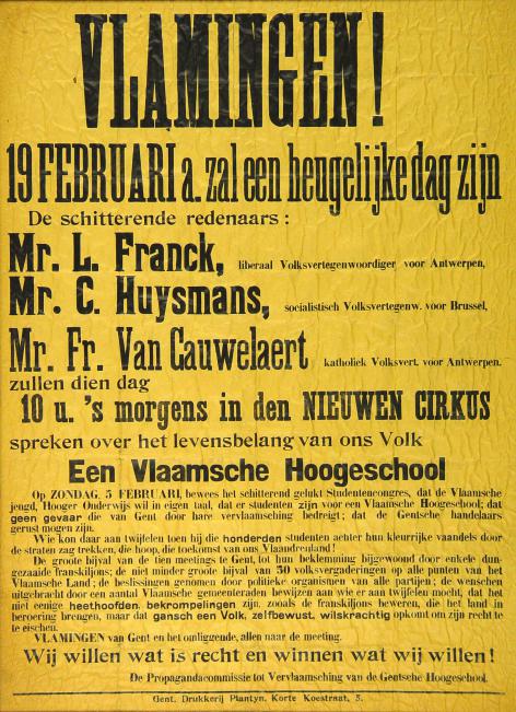 De &#039;drie kraaiende hanen&#039; Frans van Cauwelaert, Camille Huysmans en Louis Franck waren het uithangbord van de vooroorlogse campagne voor de vernederlandsing van Gent. Hun komst naar het Nieuwe Cirkus in Gent was groot nieuws (Collectie AMVC-Letterenhuis).