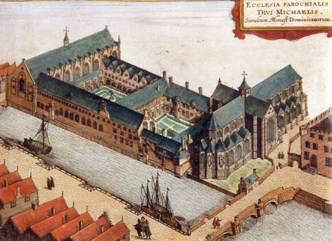 Perspectieftekening van Sanderus van de kloostergebouwen van Het Pand, de Sint-Michielskerk en de Leie uit de 17de eeuw (Collectie Universiteitsarchief Gent).