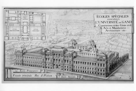 Tekening en grondplan van het Plateaugebouw door Adolphe Pauli en de omliggende arbeidersbuurt (Collectie Universiteitsarchief Gent).