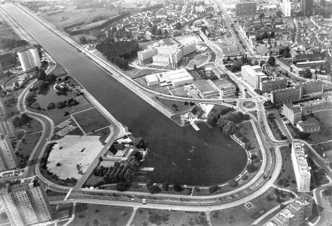 Luchtfoto van de Watersportbaan en omgeving na 1980 (Collectie Universiteitsarchief Gent - foto I.M.P.F.).