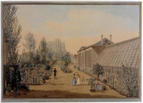 Tekening van de Orangerie van de Plantentuin in het park van de voormalige Baudelooabdij (Collectie Universiteitsarchief Gent).