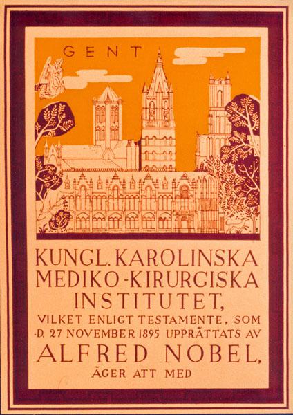 Voorkant van het Nobelprijsdiploma van Corneel Heymans uit 1938, met de Gentse torens en de gevels van het Instituut voor Farmacodynamie en Therapie langs de J.F. Kluyskensstraat (Collectie Universiteitsarchief Gent).