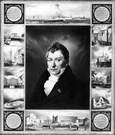 Joseph Van Crombrugghe, burgemeester van Gent van 1825 tot 1842 met rondom afbeeldingen van zijn verwezenlijkingen. Rechts boven de traphal van het peristylium, rechts onder de Baudeloobibliotheek (Collectie Universiteitsarchief Gent).