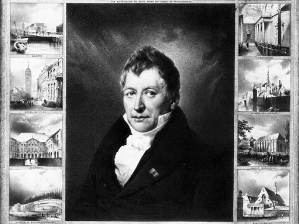 Joseph Van Crombrugghe, burgemeester van Gent van 1825 tot 1842 met rondom afbeeldingen van zijn verwezenlijkingen. Rechts boven de traphal van het peristylium, rechts onder de Baudeloobibliotheek (Collectie Universiteitsarchief Gent).