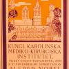 Voorkant van het Nobelprijsdiploma van Corneel Heymans uit 1938, met de Gentse torens en de gevels van het Instituut voor Farmacodynamie en Therapie langs de J.F. Kluyskensstraat (Collectie Universiteitsarchief Gent).