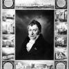 Joseph Van Crombrugghe, burgemeester van Gent van 1825 tot 1842 met rondom afbeeldingen van zijn verwezenlijkingen. Rechts boven de traphal van het peristylium, rechts onder de Baudeloobibliotheek (Collectie Universiteitsarchief Gent).